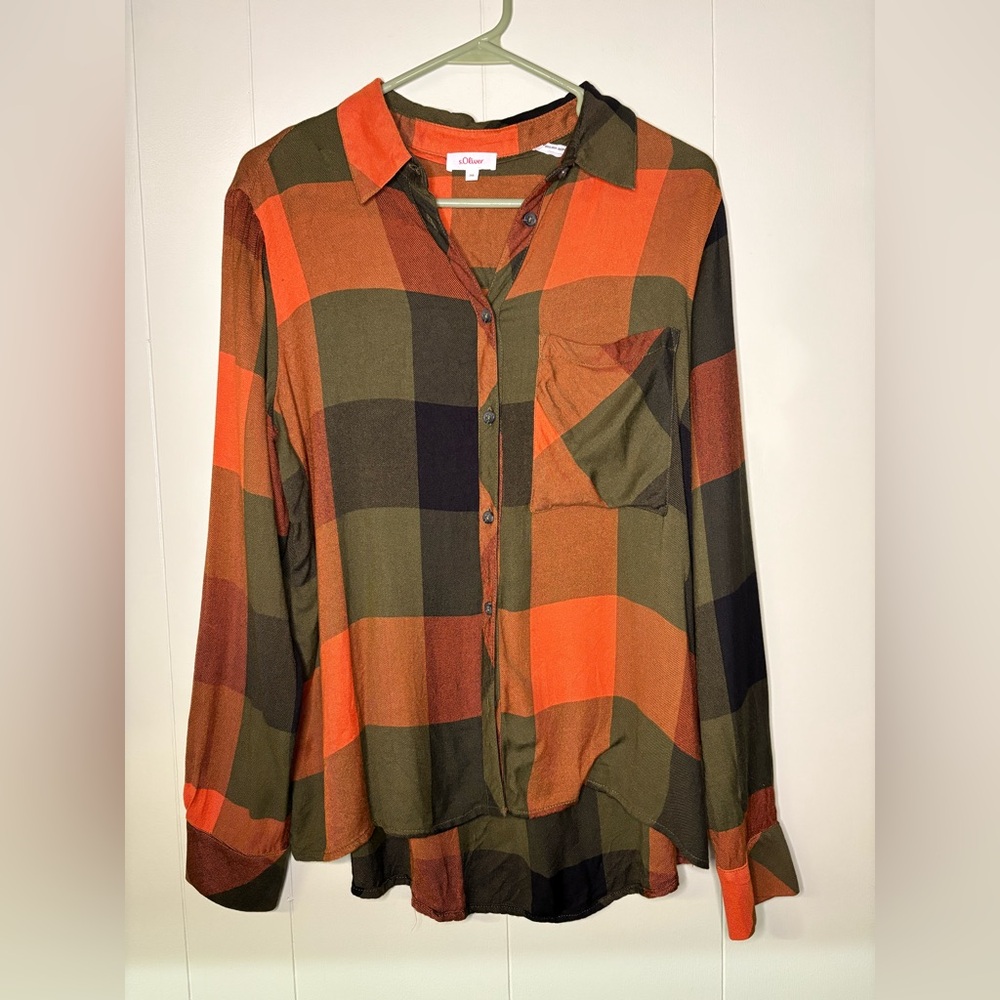 S Oliver Orange and Green Plaid Button-Down Shirt